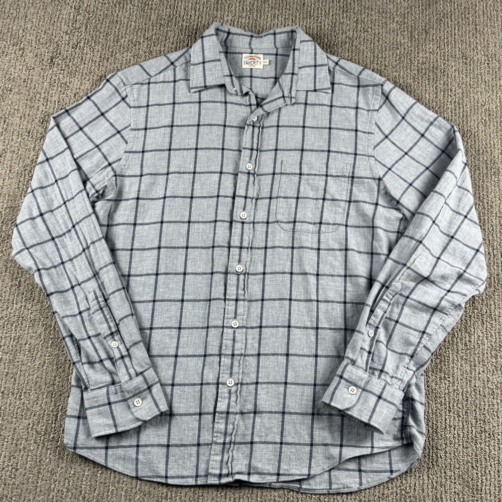 Faherty Mens L Everyday Regular Fit Button Up Shirt Long Sleeve Grey Windowpane
